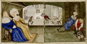 Un ensemble de seize carreaux disposés par paires pour former huit illustrations du conte 